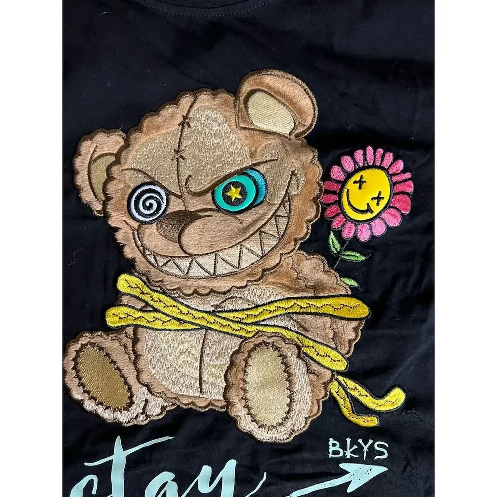 BKYS Men's Black Stay Trapt Teddy Bear Graphic T-Shirt Size L